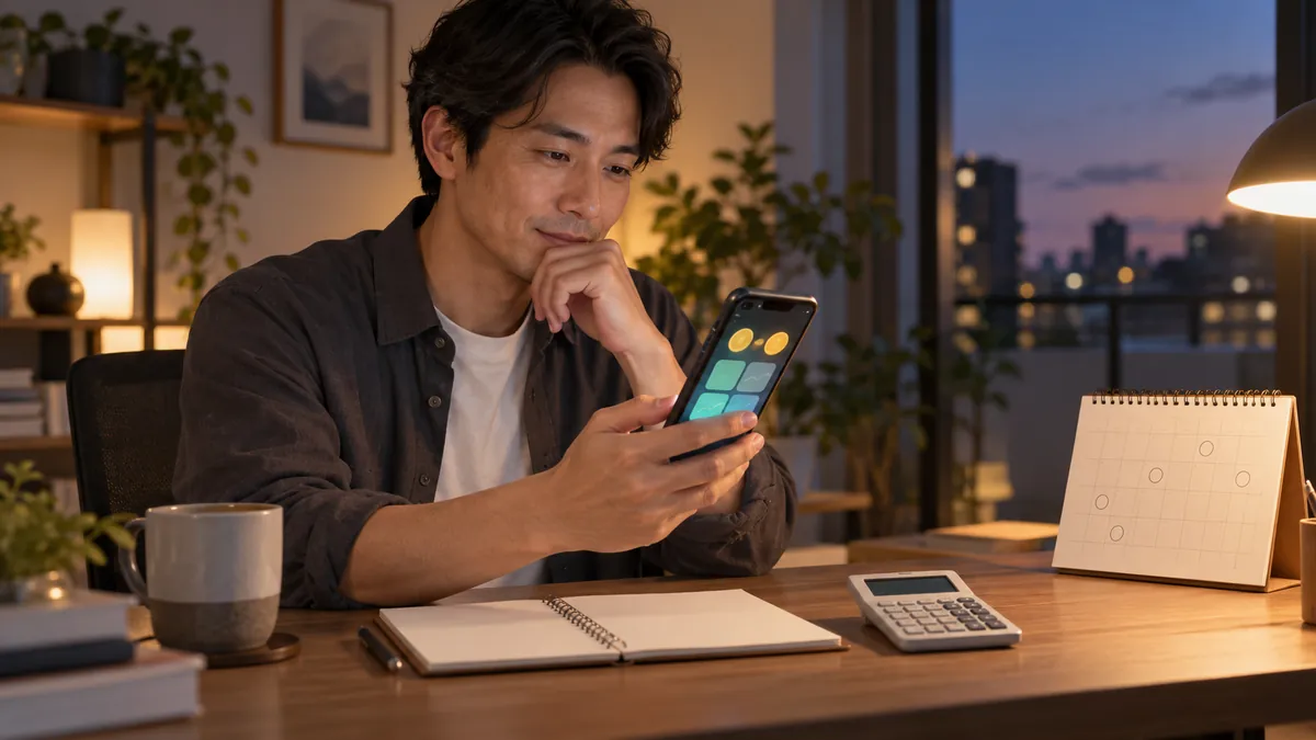 カレンダーと電卓を横に置いてスマートフォンの料金を確認する日本人の男性