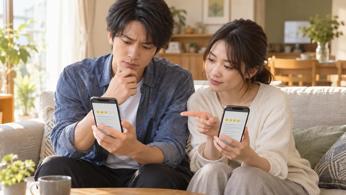 ソファでスマートフォンのレビューを読み比べる日本人の若い男女