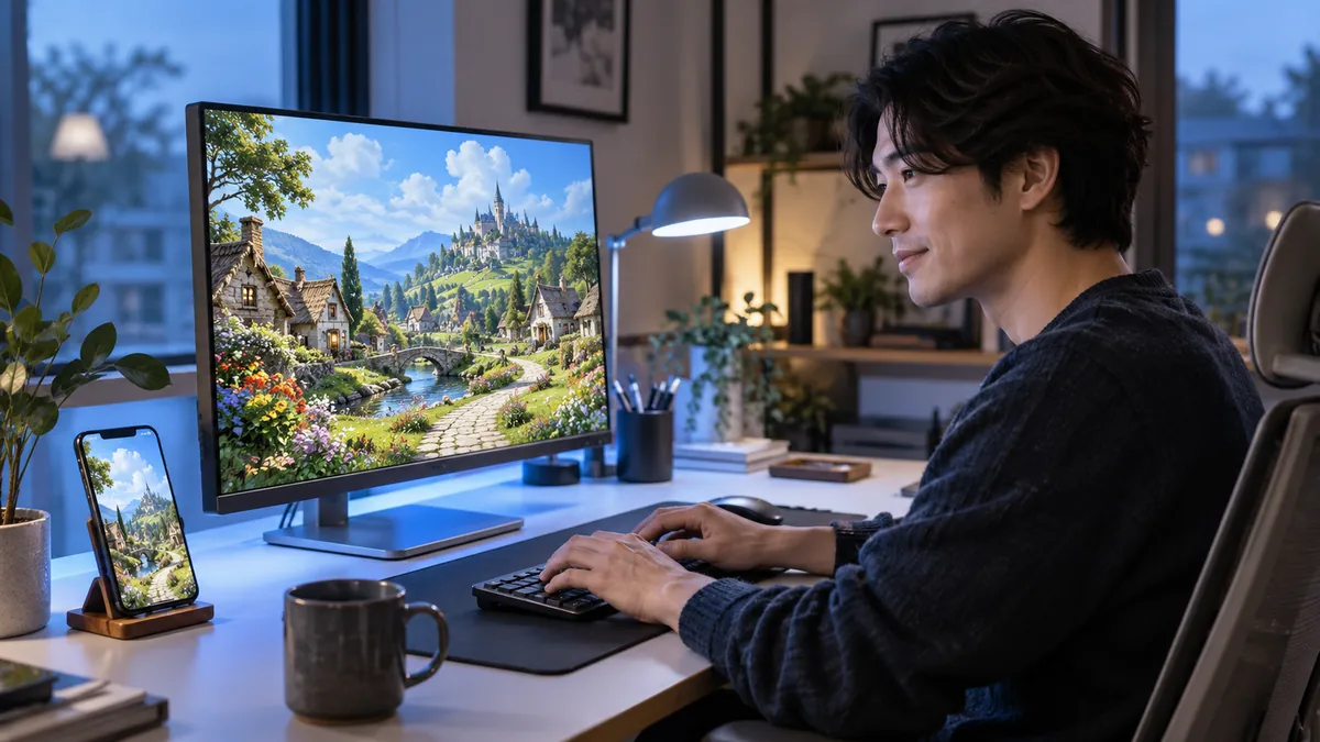 デスクのパソコンとスマートフォンを並べて同じゲームを遊ぶ日本人の男性