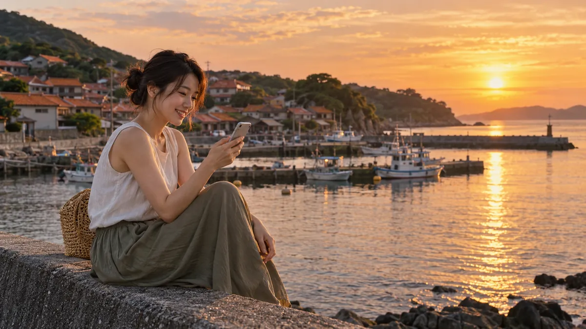 夕暮れの海辺の町を眺めながらスマートフォンで会話を楽しむ日本人の女性