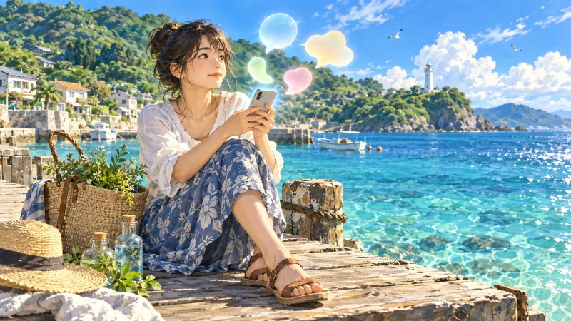 夏の島の風景を背景にスマートフォンで会話を楽しむ日本人の若者
