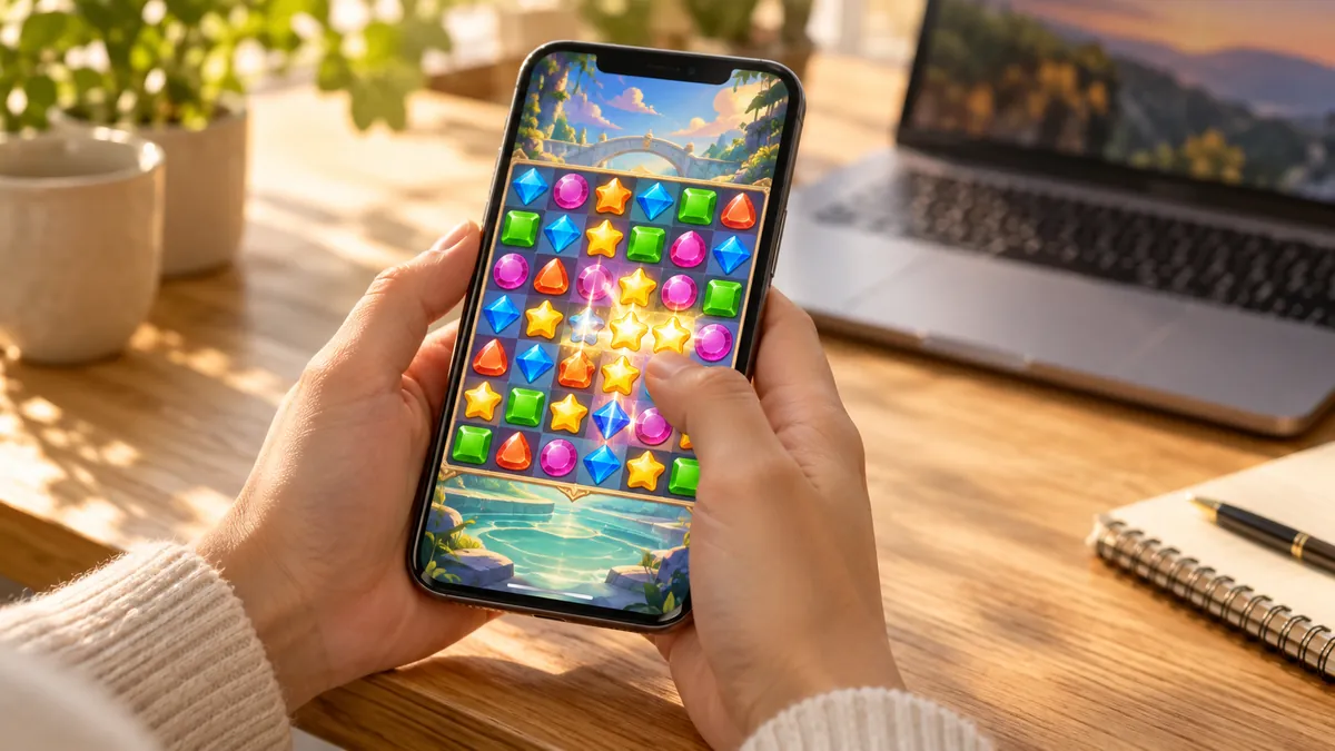 スマートフォンでカラフルなパズルゲームを遊ぶ手元とノートパソコン