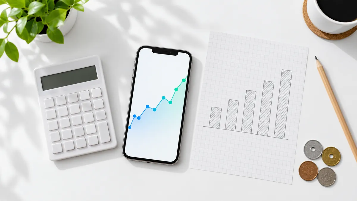 電卓とスマートフォンと手書きのグラフで広告収益を見積もる手元