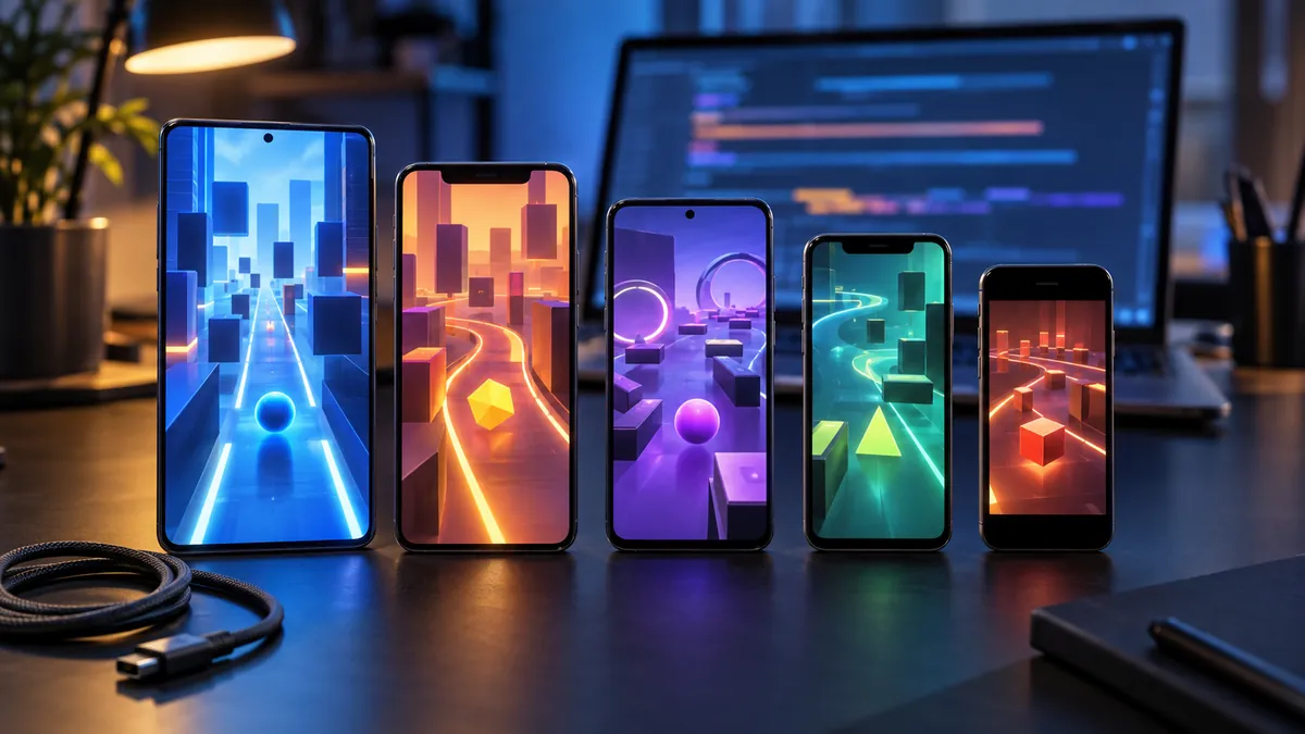 複数のスマートフォンを並べてゲームの動作を確かめる開発者の机