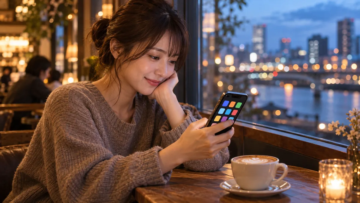 カフェでスマートフォンのゲームストアを眺める若い日本人女性