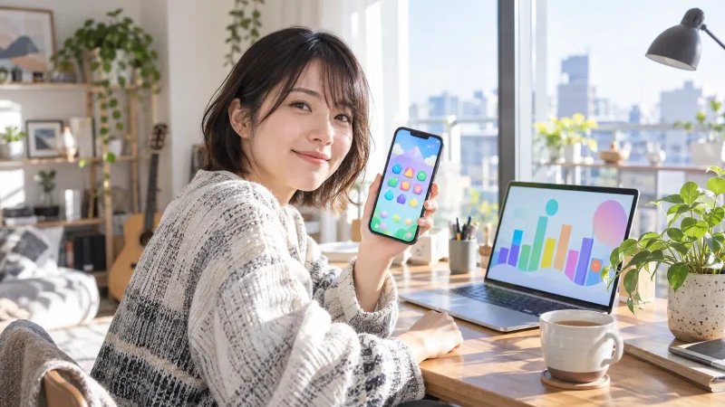 スマートフォンでゲームを確かめながら収益の計画を立てる日本人の個人開発者
