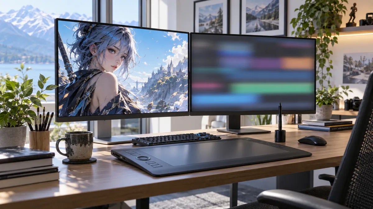 ゲームのキャラクター画像とコードエディタを並べて作業するモニター