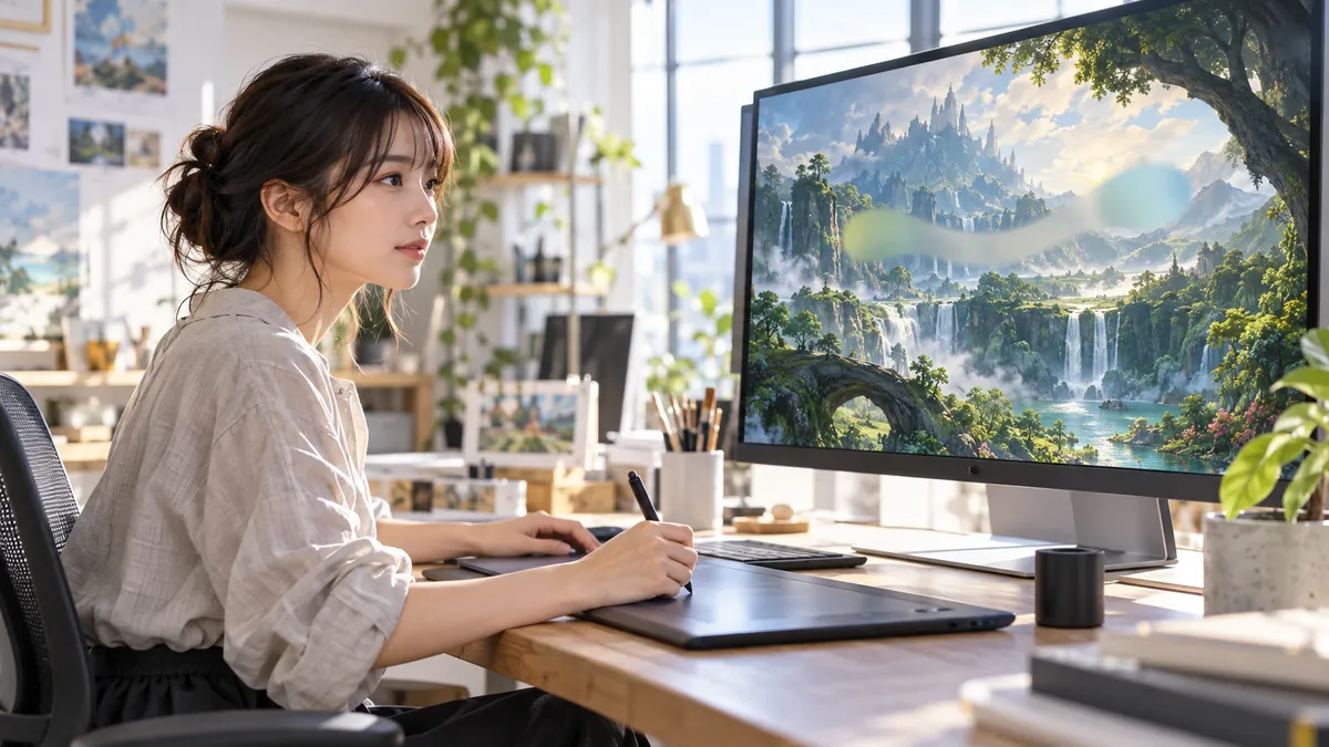 パソコンの画面で生成した背景イラストを確認しながらロゴを重ねる日本人の女性