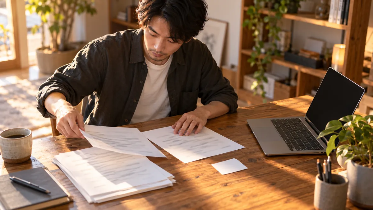 机の上で書類とノートパソコンを並べて準備を進める日本人の個人開発者