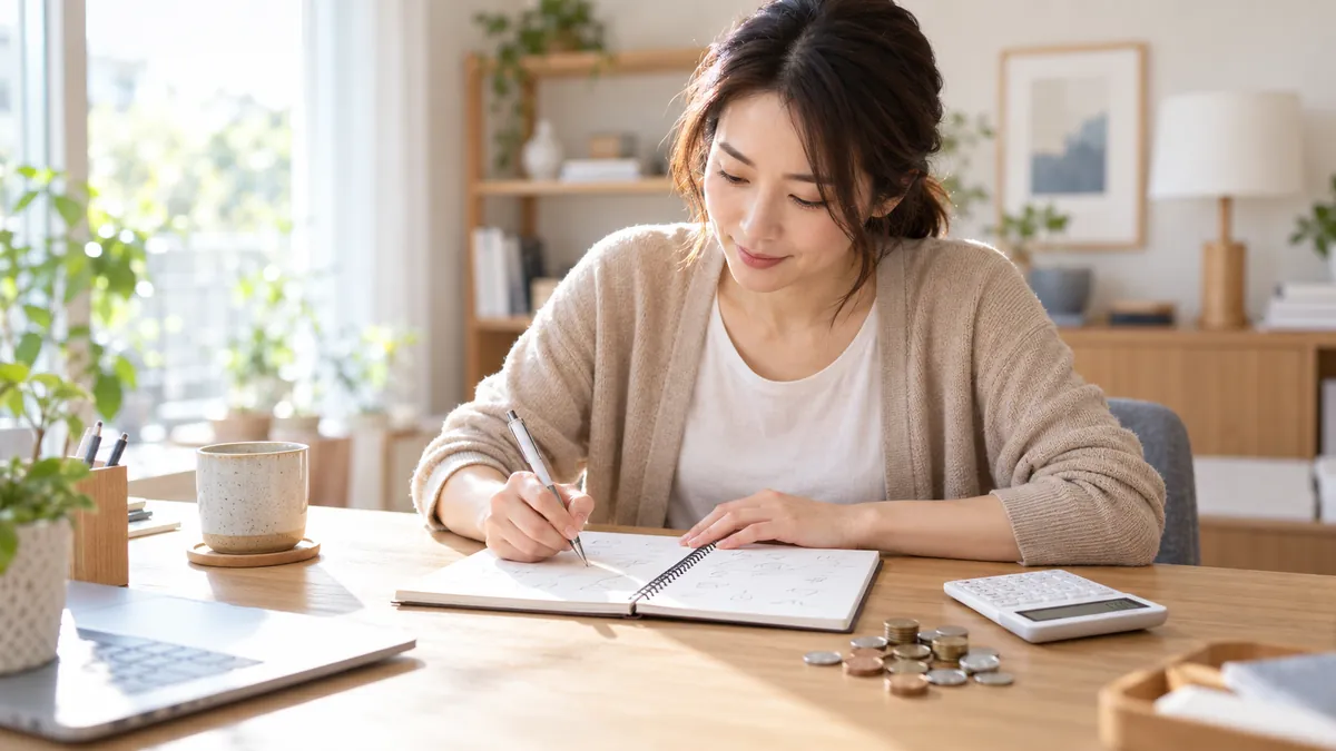 電卓とメモを前に、費用を書き出して計算している日本人の女性