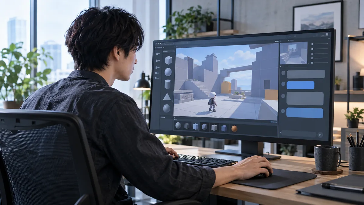 Unityエディターの画面の横にチャット欄が開いたモニターを見る日本人のゲーム開発者