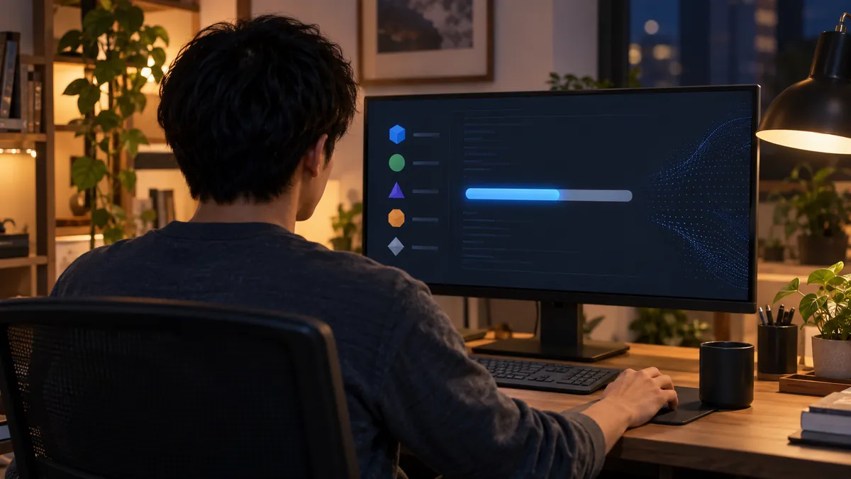 デスクトップパソコンでゲームエンジンのパッケージを導入する作業をしている日本人男性の後ろ姿