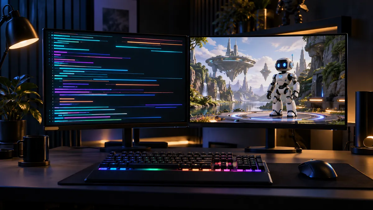 ターミナルの色分けされたコードとゲームエンジンの画面を2台のモニターに並べた作業机