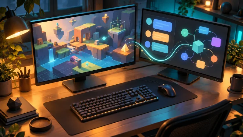 Unityのエディター画面とAIとの対話画面を並べて開発を進める机のイラスト