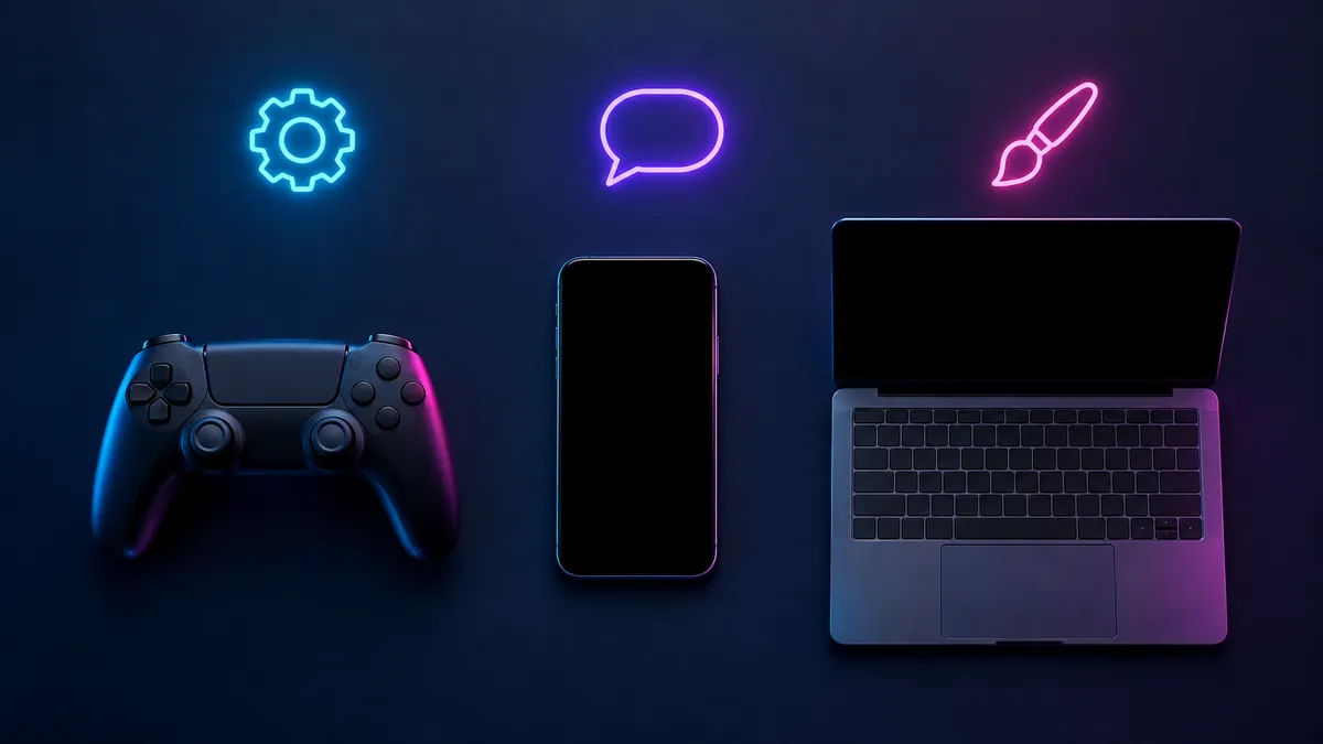 ゲームのコントローラーと吹き出しのアイコンが並ぶ机の上のスマートフォンとパソコン
