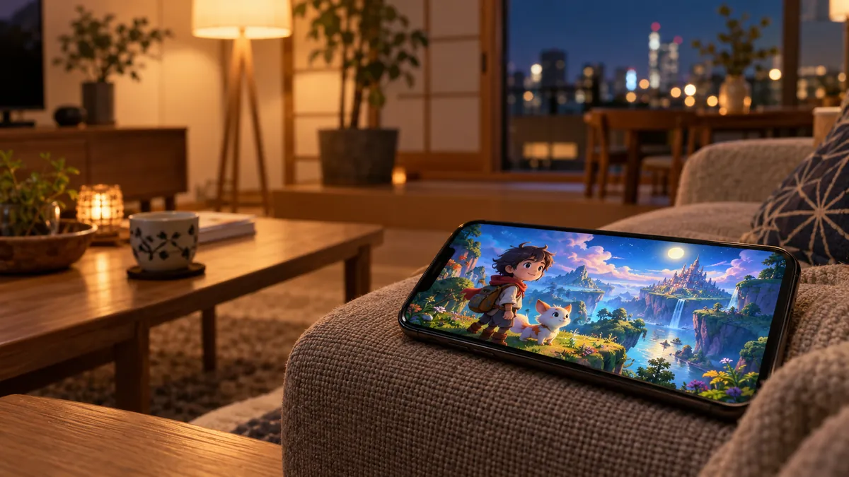 夜のソファでスマートフォンに話しかけながらゲームを遊ぶ日本人の若い男性