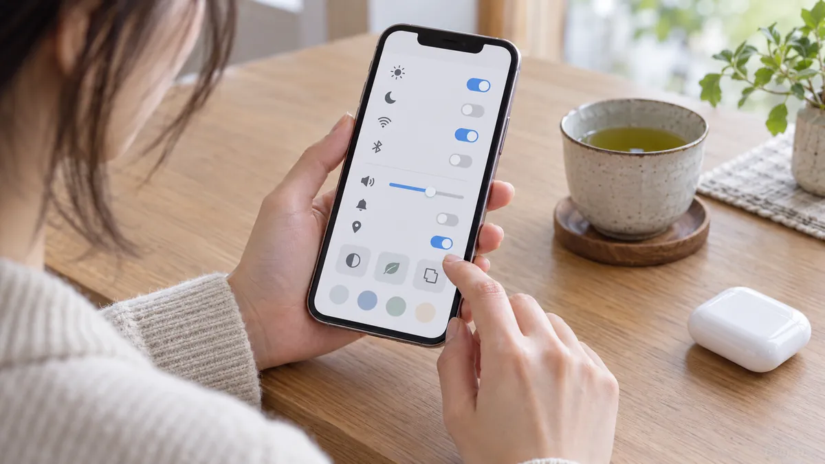 スマートフォンの設定画面を確認しながらゲームを始める前の日本人女性の手元